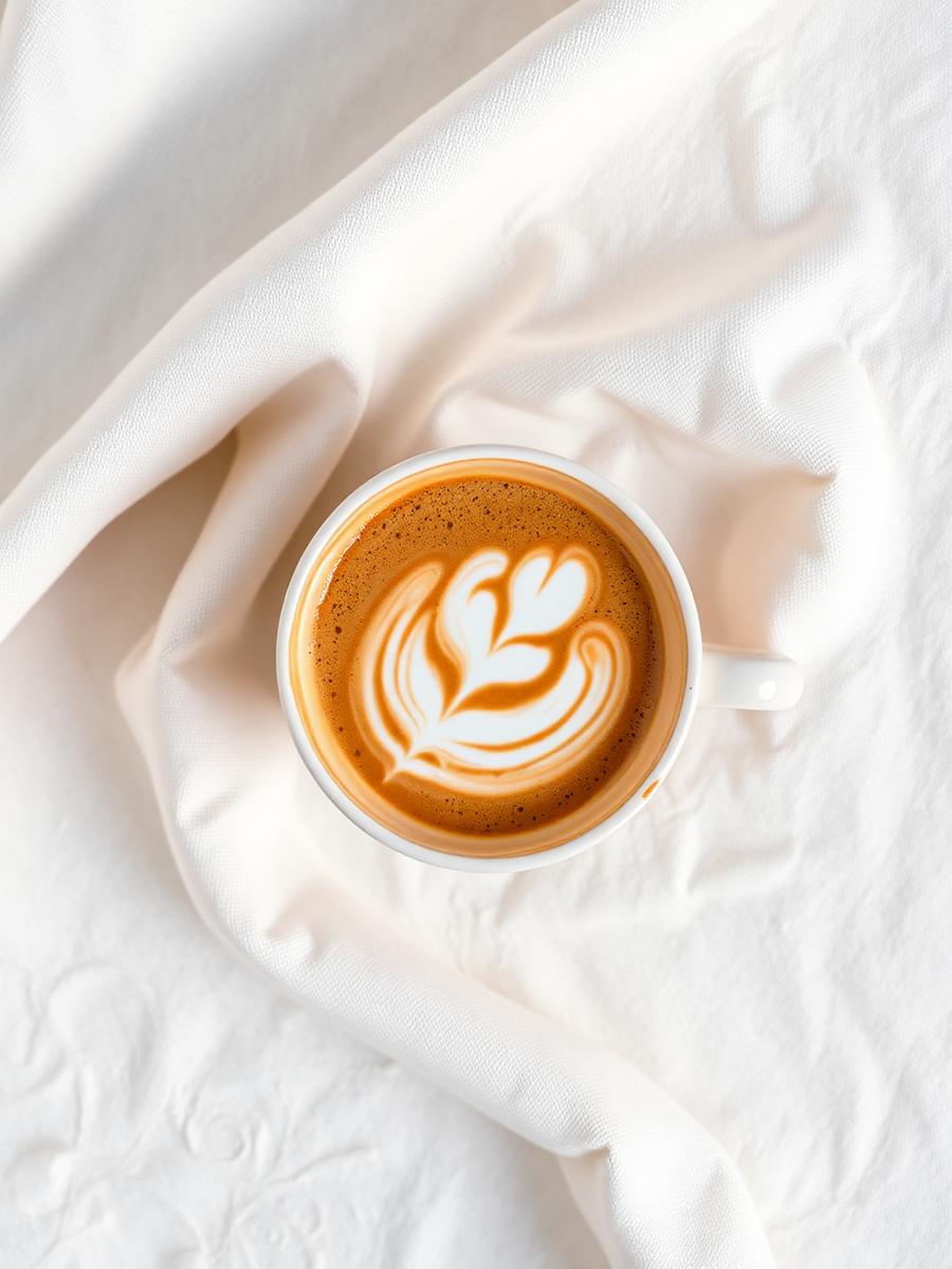 Cappuccino with latte art on linen