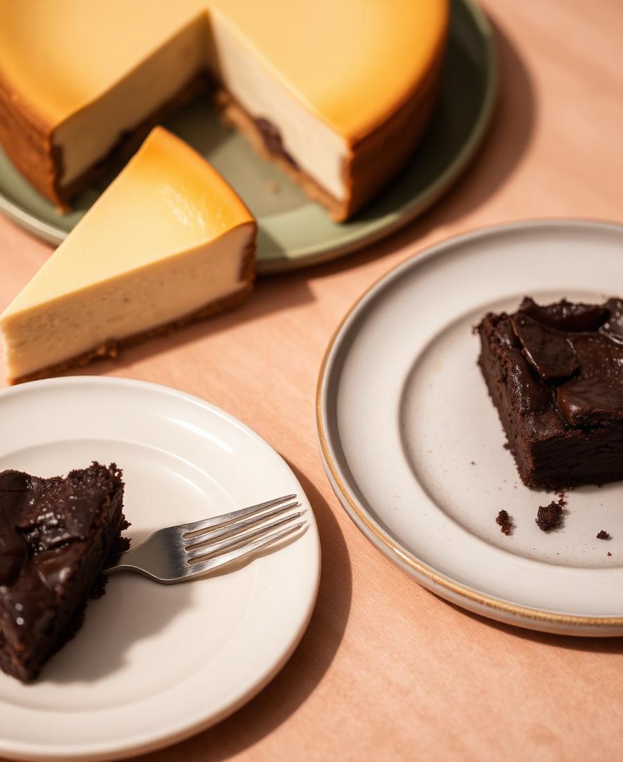 Cheesecake and brownie on ceramic plates