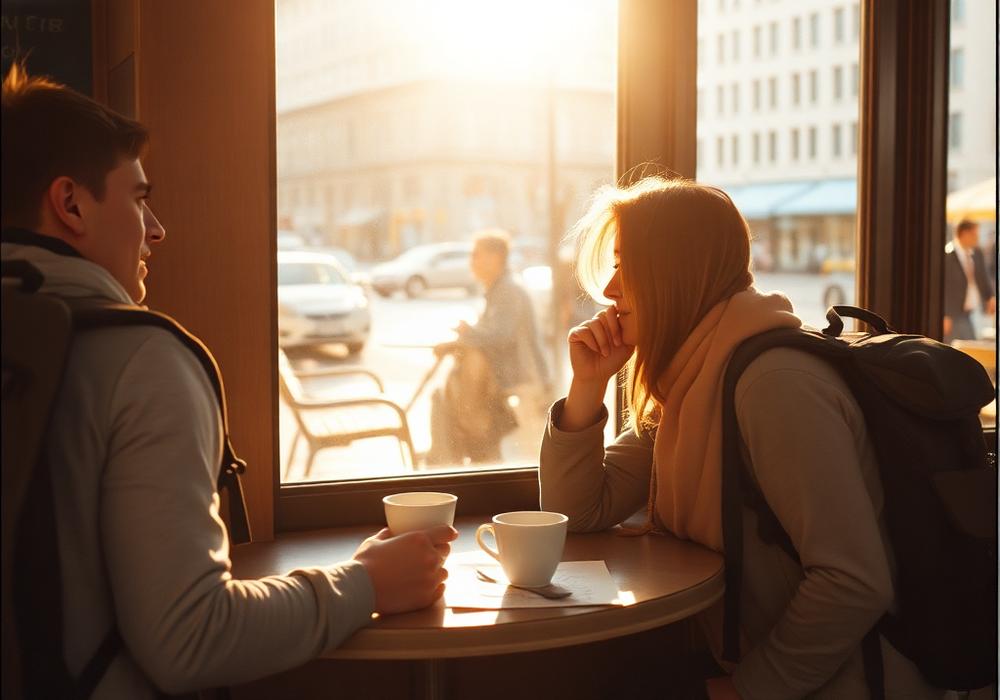 Travellers sharing coffee by the window