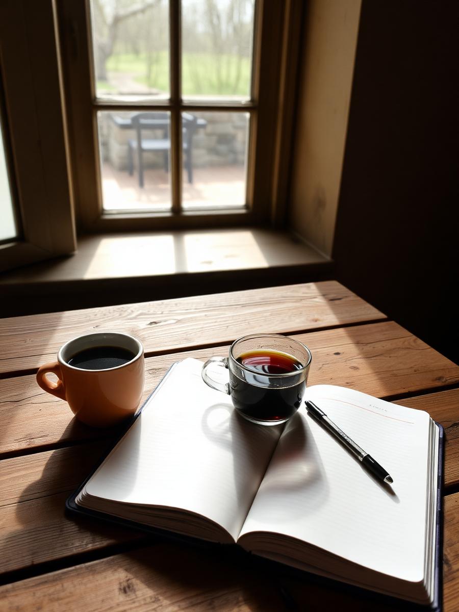 Journal and coffee on a sunlit table